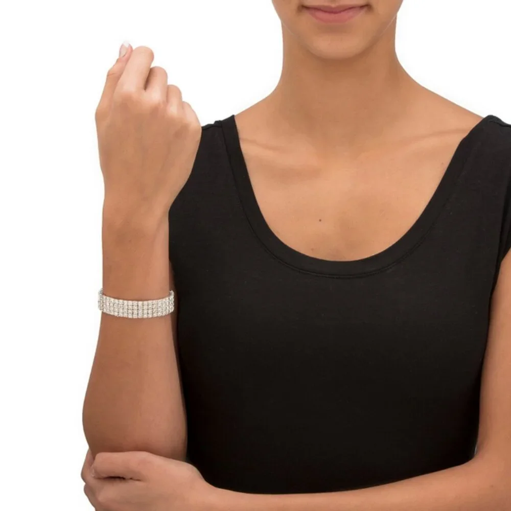 Chic & Stunning Clear Rhinestone 4-Row Stretch Glamorous Bling Cuff Bracelet - Picture 2 of 10